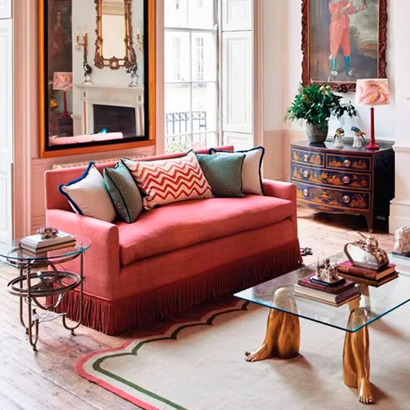 French cotton and linen medieval fabric fringed sofa small apartment living room designer pink retro sofa