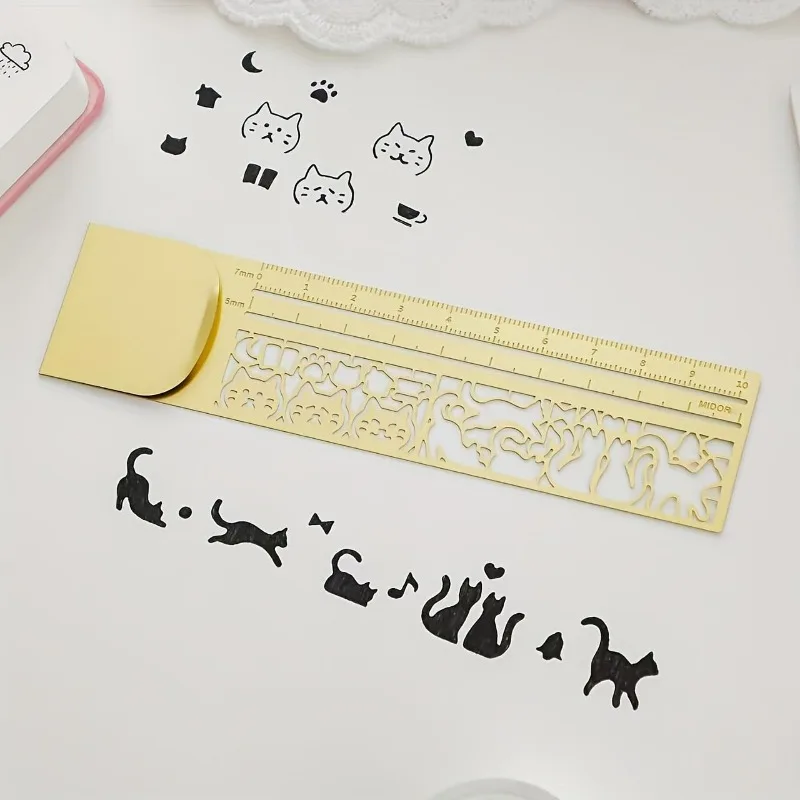 10 cm langes Messing-Lineal mit Katzenmuster-Schablone, niedliches Geschenk für Büro, Schule und Zuhause