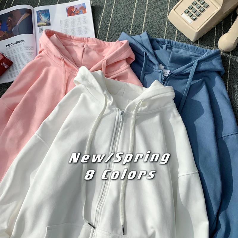 New Women Hoodies Sweatshirts Solid Color Hip Hop Ladies Hooded Jacket Loose Coat Streetwear Cardigans