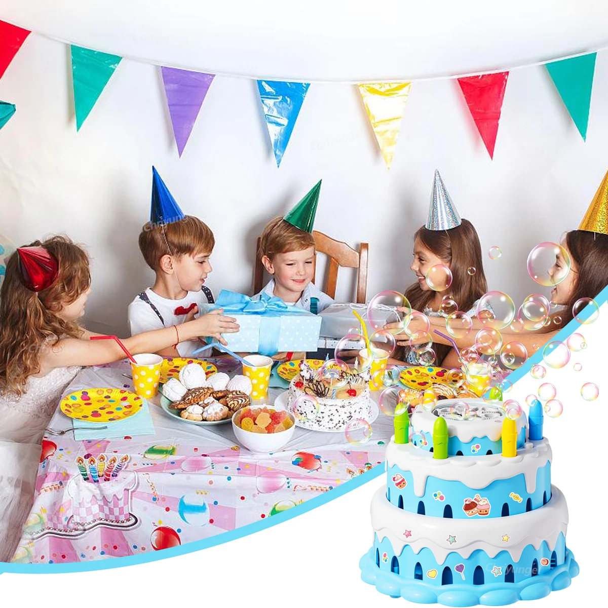 Bubble Machine voor kinderen Verjaardagstaart Speelgoed met muziek en verlichting Automatische bellenblazer Outdoor Party Verjaardagscadeaus voor jongens en meisjes