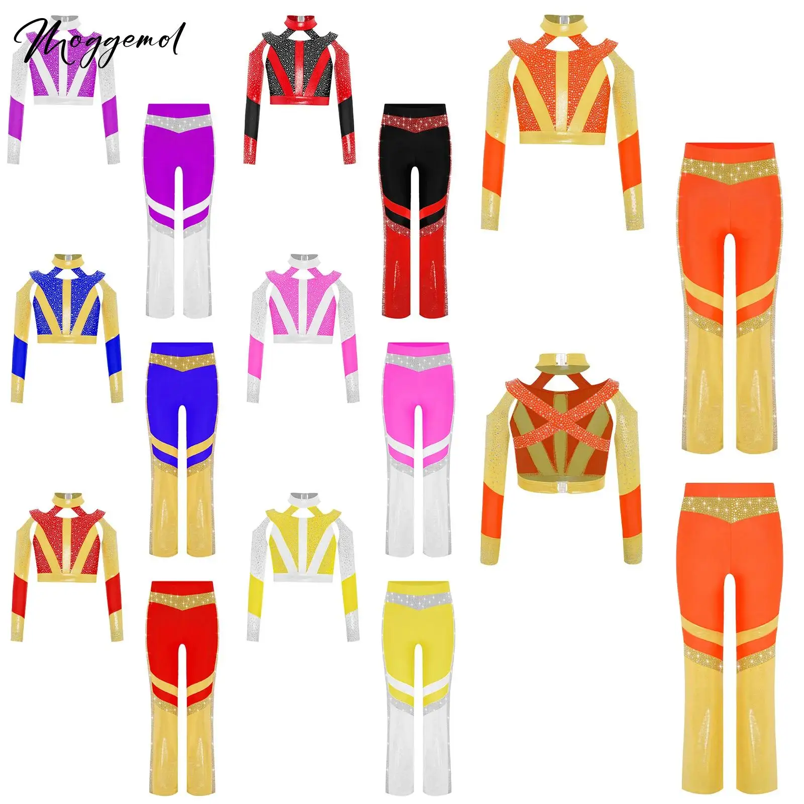 

Kids Girls 2Pcs Dancewear Outfits Gymnastics Acrobatics Jazz Costume Long Sleeve Shiny Rhinestone Crop Top with Flared Pants