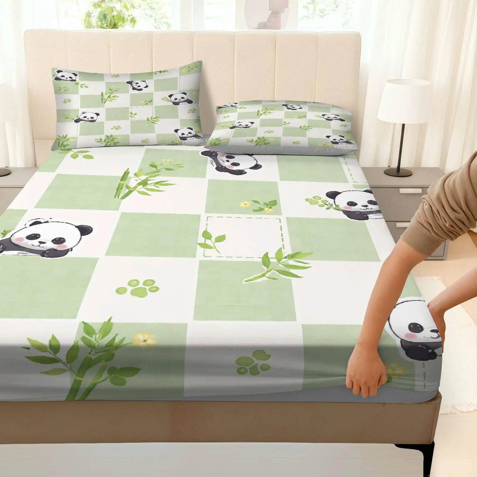 3-Piece Mattress Protector Set, 2D Flat Printed Fitted Sheet, Cute Panda Bamboo Pattern Green Fitted Sheet Set, Natural Style, Home Bedroom Decoration, Holiday-Themed Fitted Sheet and Pillowcase, Mattress Protector, Stain-Resistant, Mattress Cover, Suitable for All Seasons, Machine Washable, Easy to Care For, Universal for Home Bedroom, Essential for Dorms and Rentals, Master Bedroom and Guest Room Decoration, Dust-Proof and Stain-Resistant, High Elasticity, Fits Various Sizes