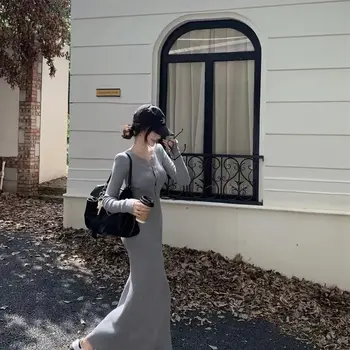 Höst Vinter Sexig Stickad Långärmad Klänning Dam Bantningsklänning Fiskstjärt Gul Midja Cinched Bodycon Kjol V-ringad Ankel Le 10 best sales Knit maxi - №3