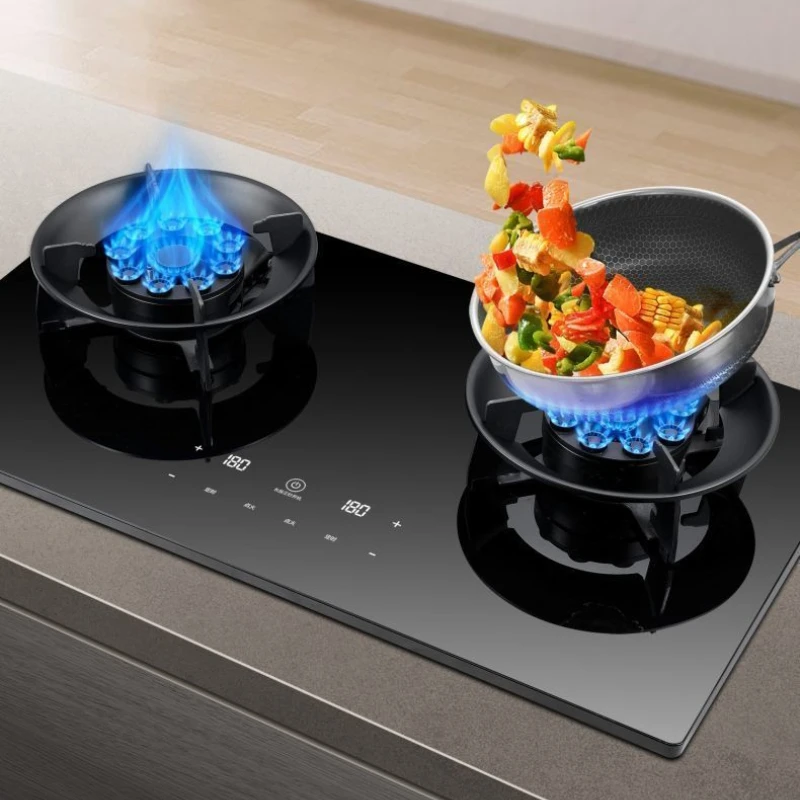 เตาแก๊สจับเวลาสามตาอัจฉริยะจับเวลาครัวผัดเตาไฟสูงแบบบูรณาการก๊าซธรรมชาติก๊าซเหลว