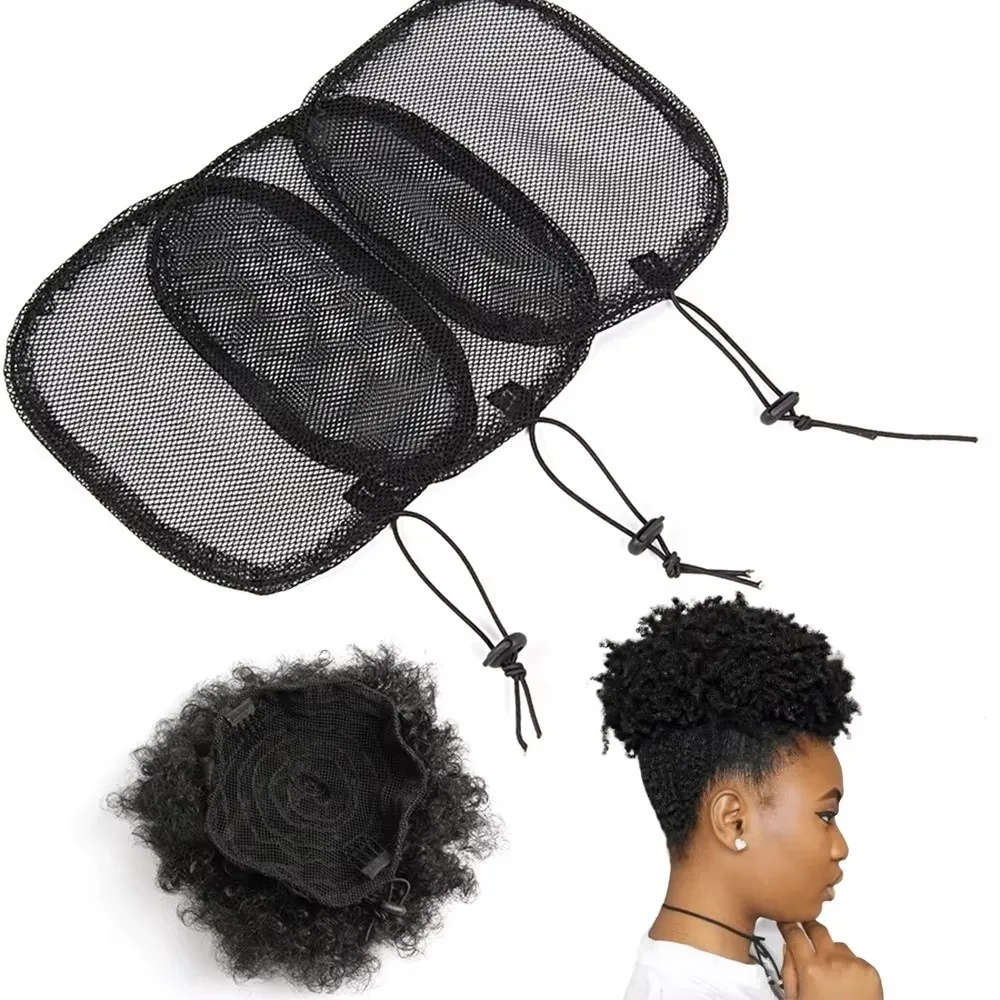 Elastic Drawstring Black Ponytail Hair Net Mesh Clips Round Square Drawstring Ponytail Net Adjustable Strap Ponytail Wig Cap view 3