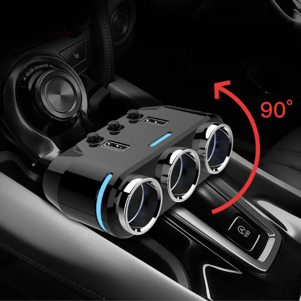 100W Vehicle Start Cigarette Lighter Splitter 3 Way 2 USB Socket Fast Car Charger Plug Phone Power Adapter for DVR GPS Dashcam