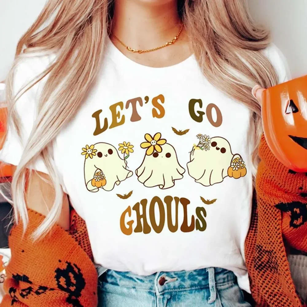 Floral Ghoul Gang Retro Lets Go Ghouls Letter Printed Women's Fun Printed Cartoon Pattern O-Neck Fashion Short Sleeve Top T-Shir