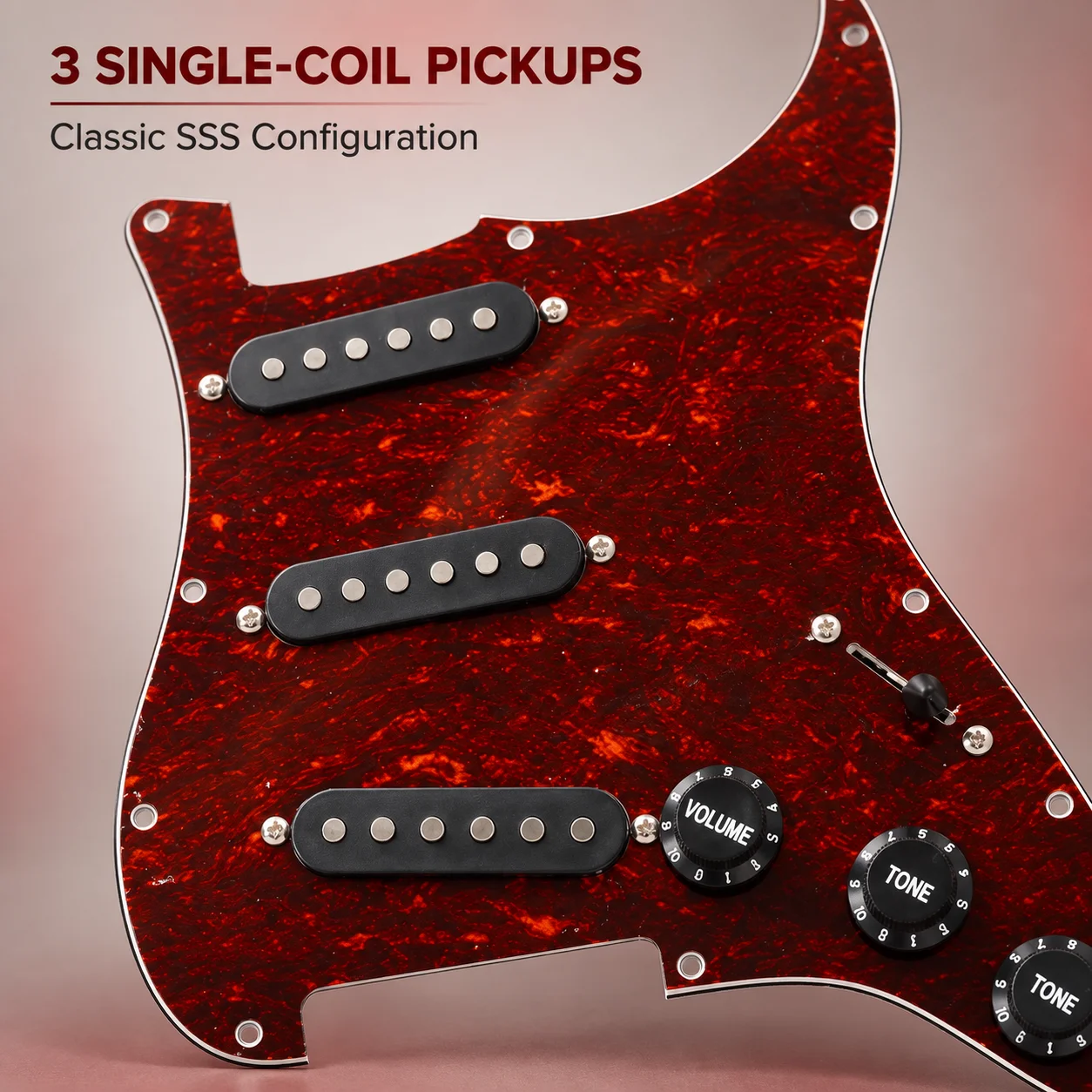 Prewired SSS Pickguard Assembly for ST-Style Electric Guitar, Deep Red Pattern, Black Pickups and Controls