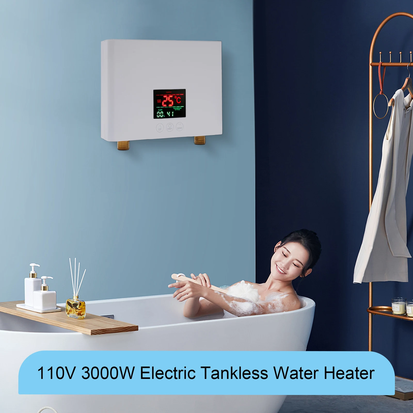 110V Electric Tankless Water Heater Wall-Mounted Instant Hot Water 3000W Under Sink Water Heater 68-126°F with LCD Display