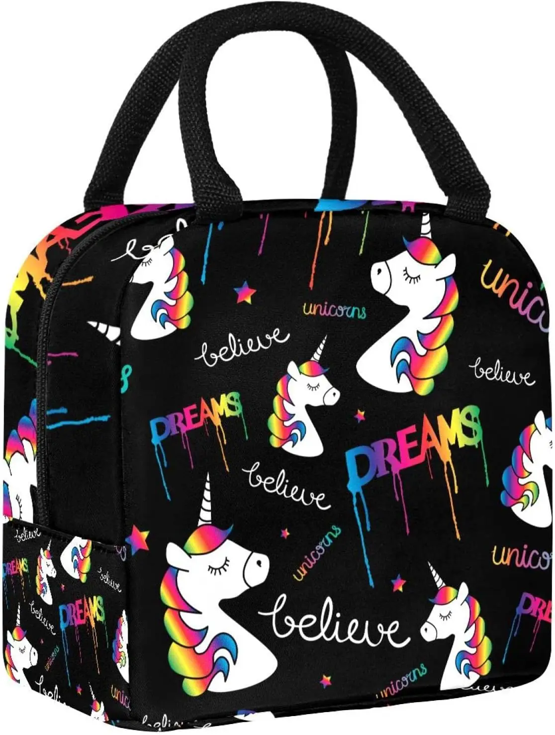 

Dream Unicorn Believe Kids Insulated Lunch Bag Women Lunch Box for Women Men Colorful Doodle Painting Cartoon Rainbow