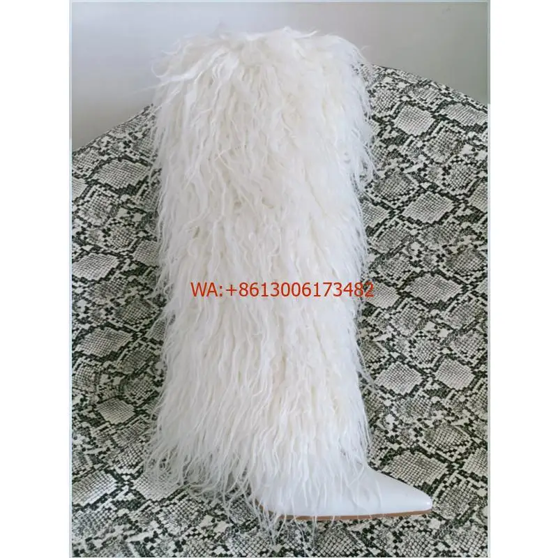 Design Fox Fur Knee High Pointed Toe Fur Boots Luxury Women Stiletto High Heel Warm Boots Winter Sexy Leather Boots Winter Boots