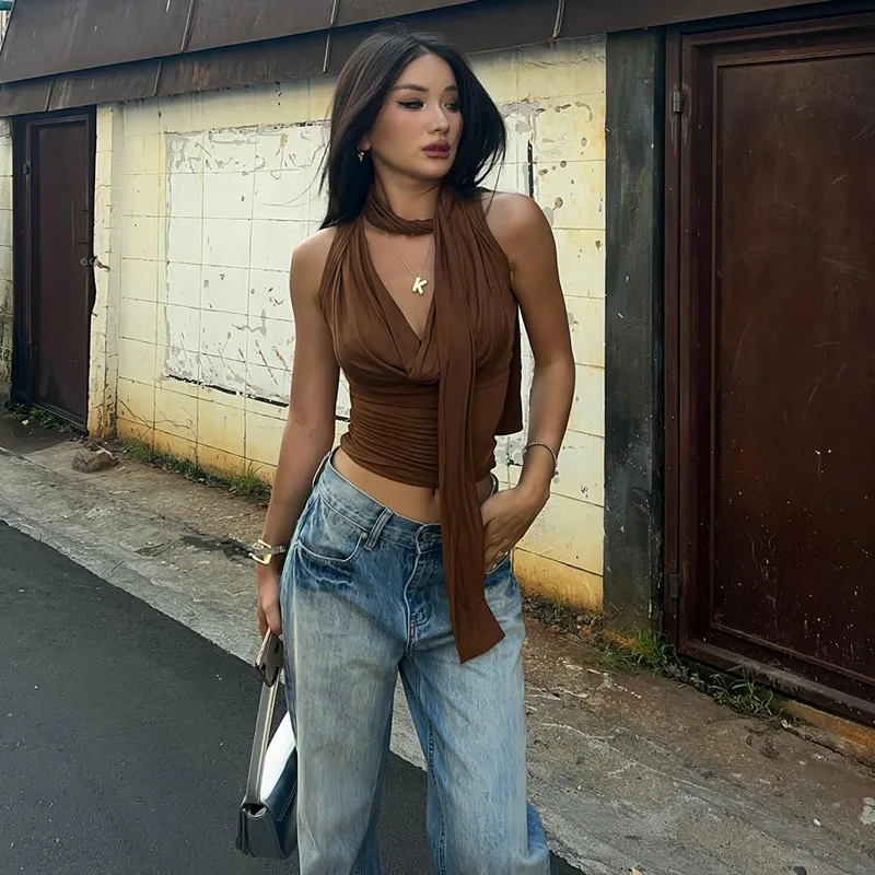 

Women Sexy Sleeveless V-neck Solid Tank Summer Lady Top Fashion Bandage Streetwear Casual Slim Elegant Knitted Clothing Vest