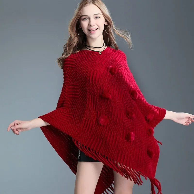 ALIDI European and American Autumn and Winter New Tassel Sweater Women's Wool Ball Cape Knitted Shawl Loose Pullover Sweater