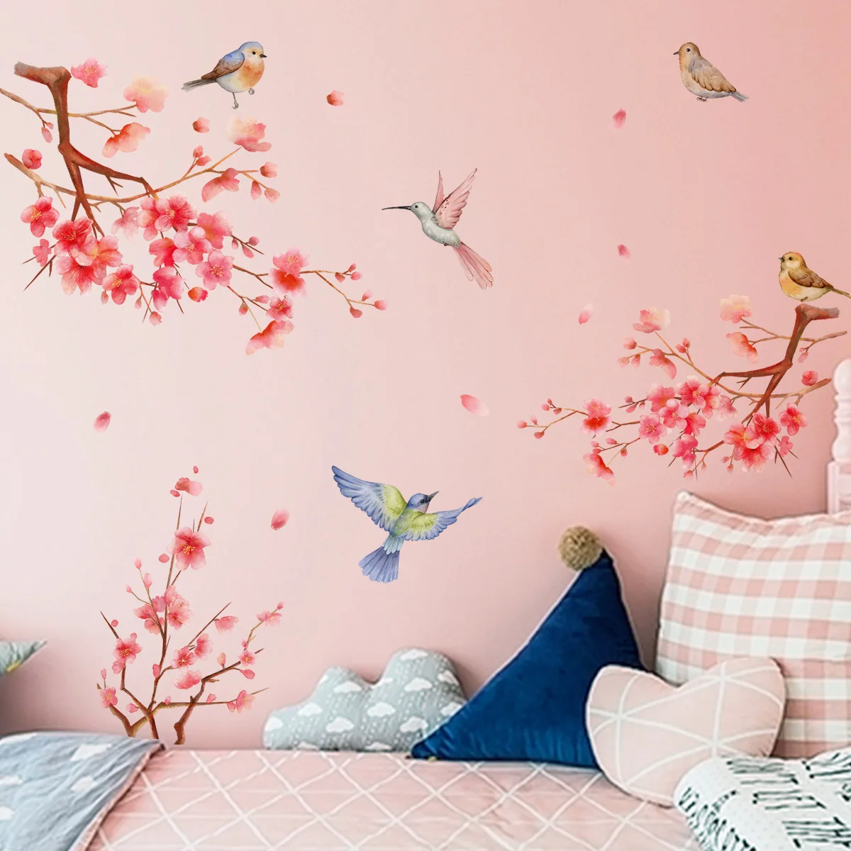 2pcs Pink Peach Blossom Branch Bird Wall Stickers Living Room Bedroom Home Background Wall Decorative Sticker Wallpaper Ms3026