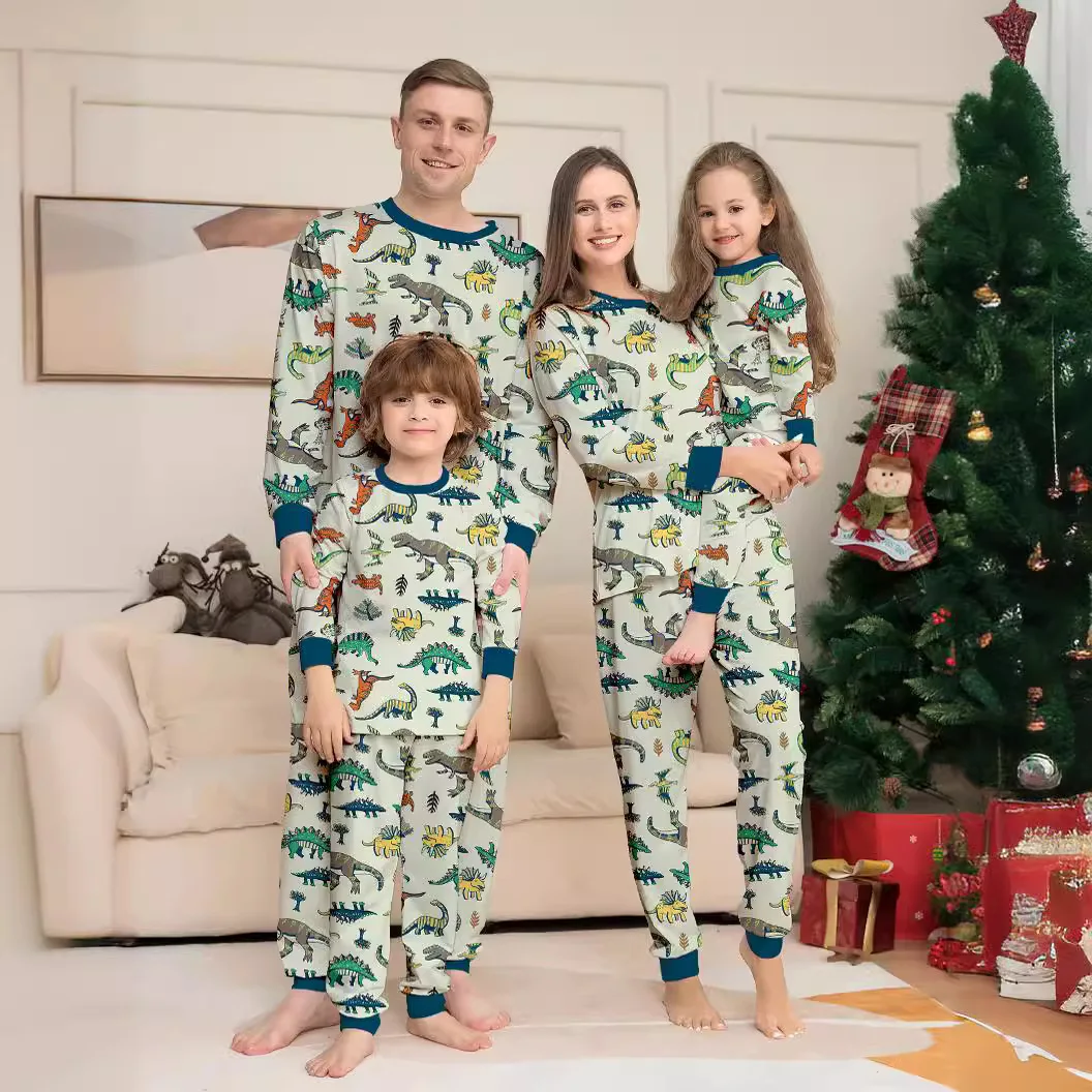 

New Christmas family suit Dad Mom kids pajamas top pants 2pc full flower dinosaur print red plaid home wear pajamas pet clothes