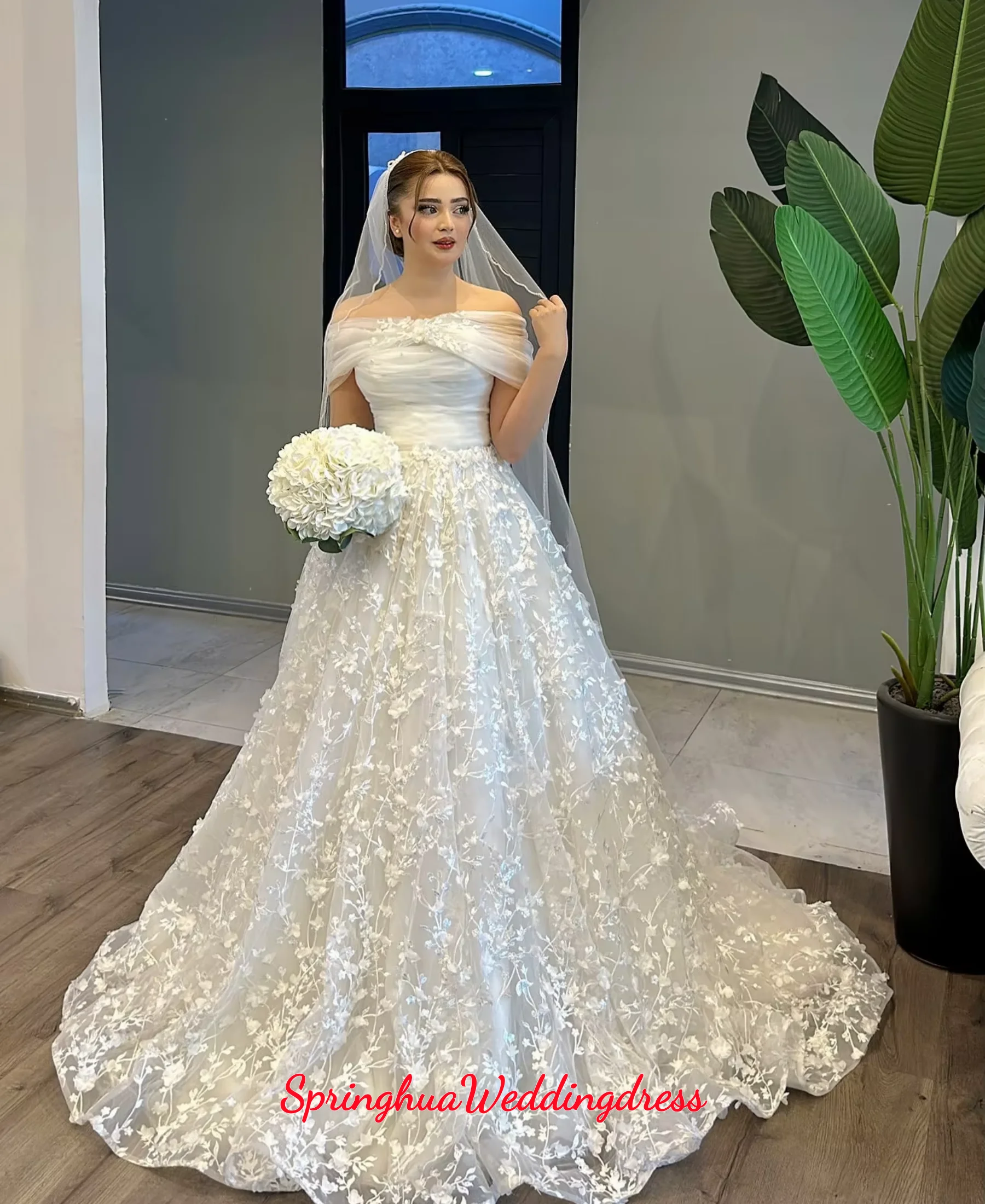 Customized Off-the-shoulder Lace Luxury Wedding Dress White Long Saudi Arab A-line Middle Eastern Bridal Gown Vestidos De Novia