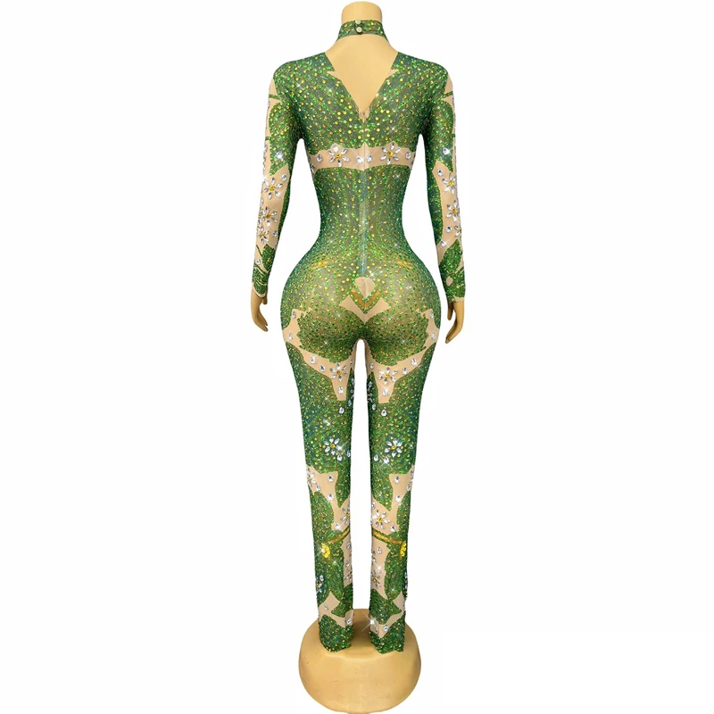 Jour de noël vert strass combinaison femmes Halloween discothèque DJ tenue Sexy pôle danse vêtements scène Rave porter XS10588