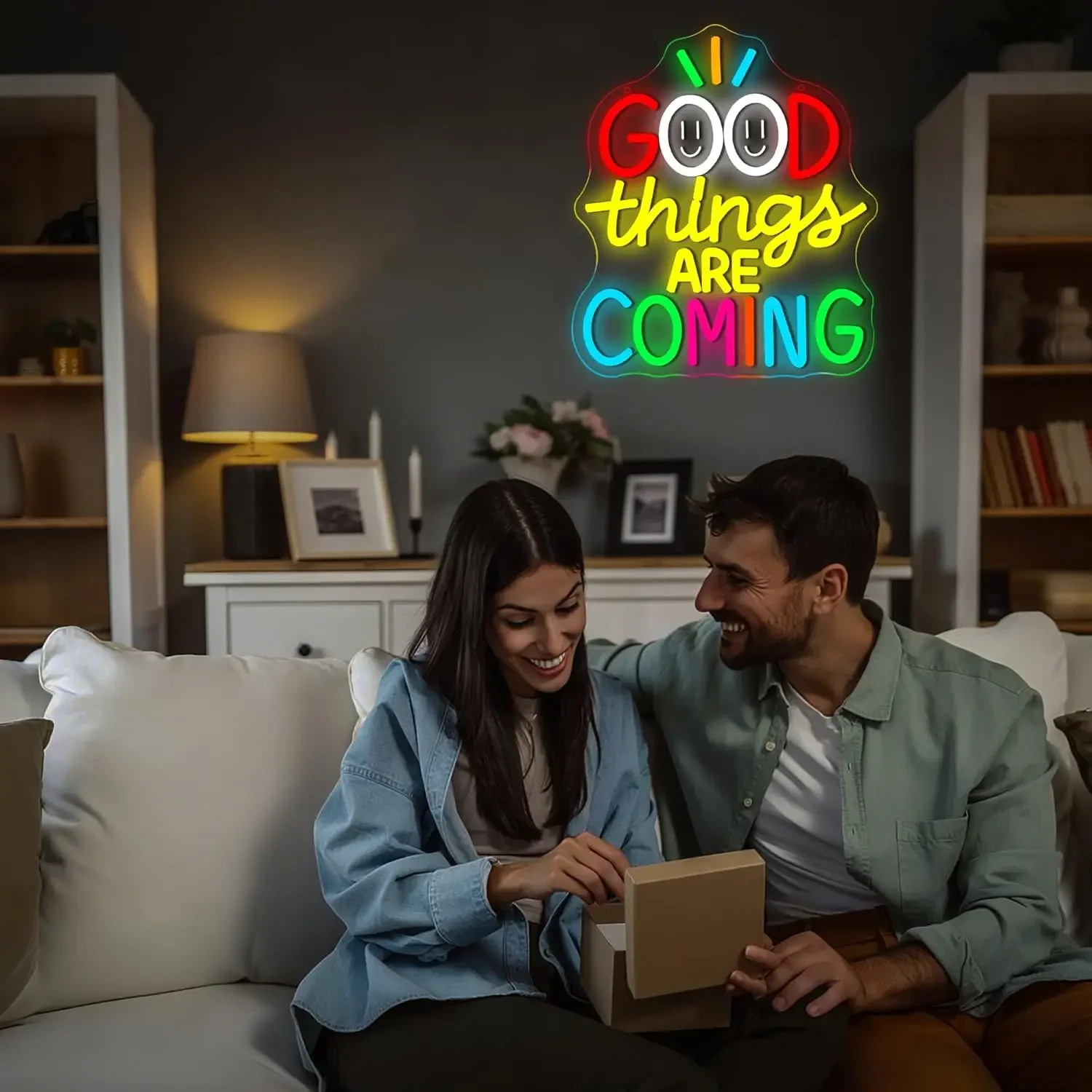 Good Things Are Coming Neon Sign LED Wall Art Smiley Face USB Powered Dimmable Light Home Living Room Bedroom Bar Party Decor