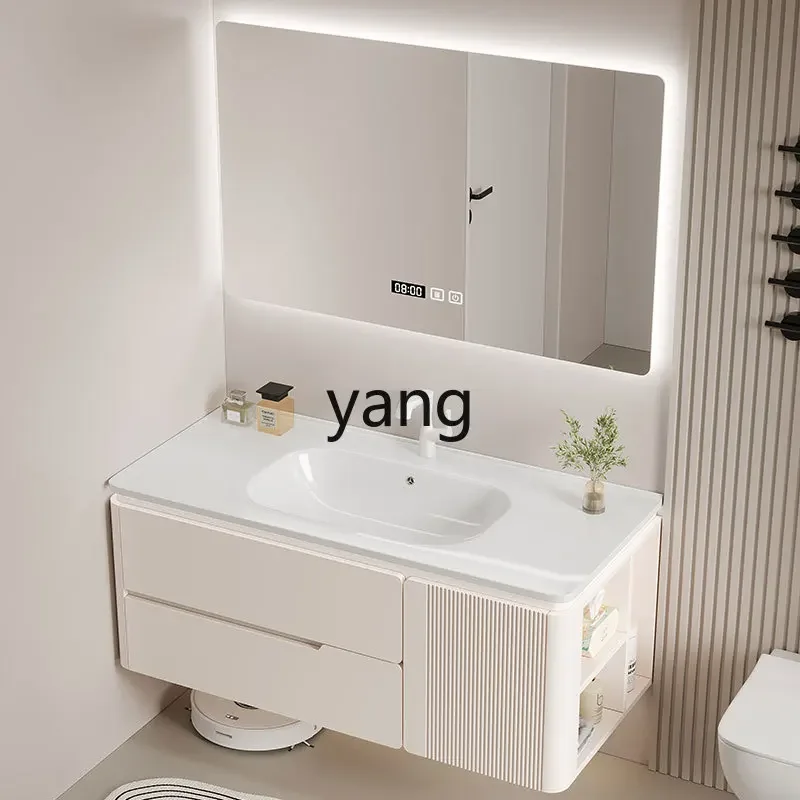 حوض متكامل من السيراميك والرياح من خشب البلوط الكريمي LH، خزانة حمام زاوية مستديرة، مغسلة