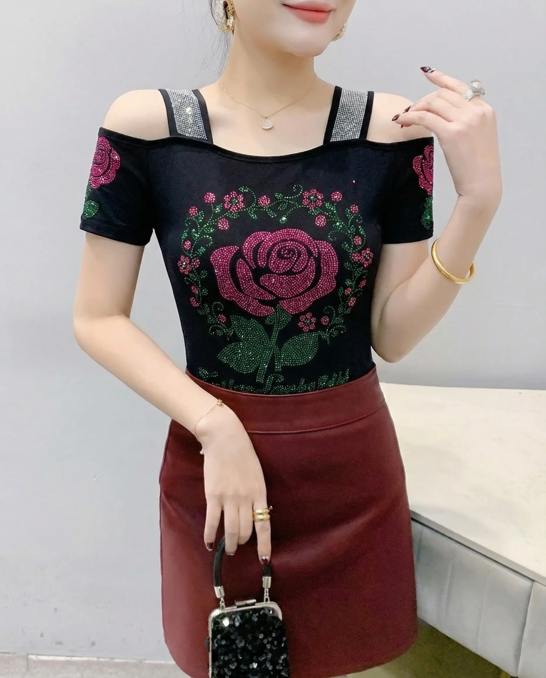 New Designer Hot Diamond Mesh T-Shirt Women Korean Style Sexy Off Shoulder Slim Tee Summer Casual Streetwear Tops
