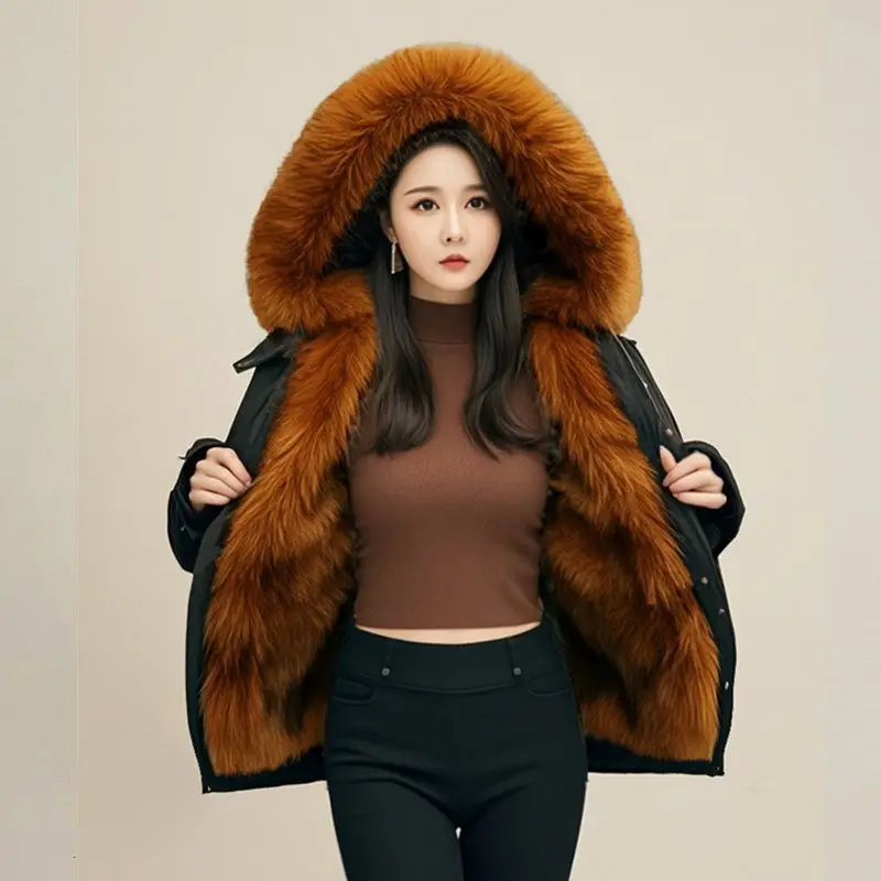 2025 Autumn/winter New Women's Faux Fur Jacket Oversized Commuting Hooded Workwear Jacket