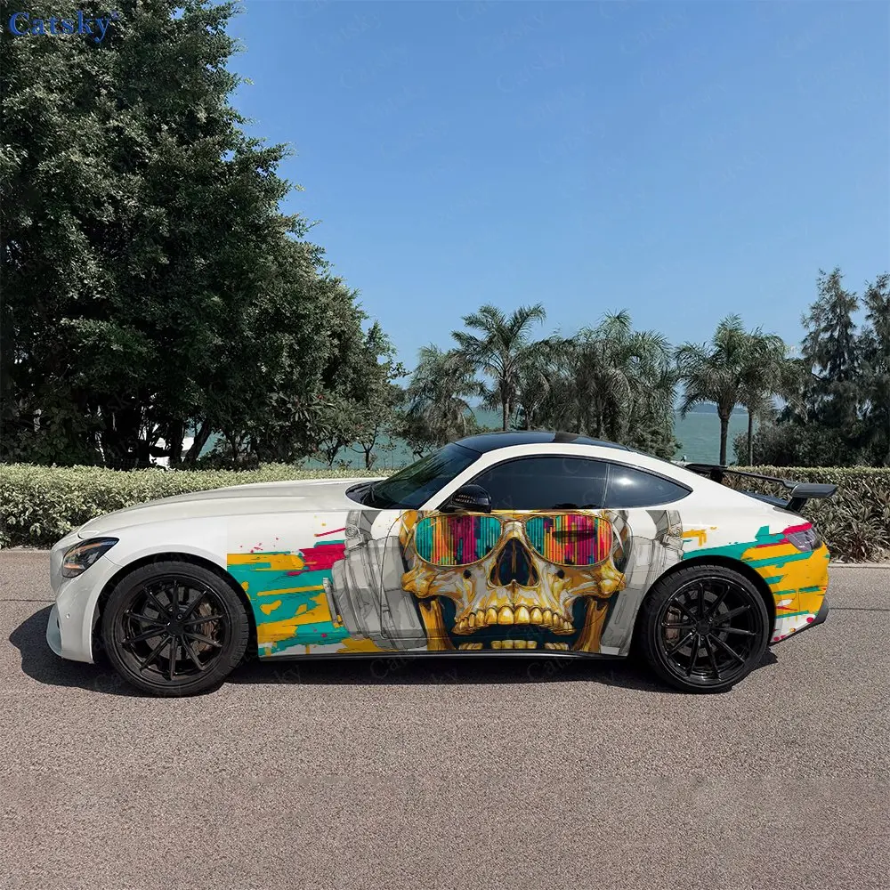 2pcs Splatter Golden Skull Music, Durable, Fade-resistant, Enhance Vehicle Aesthetics With Bold Artistic Design Car Vinyl Wraps