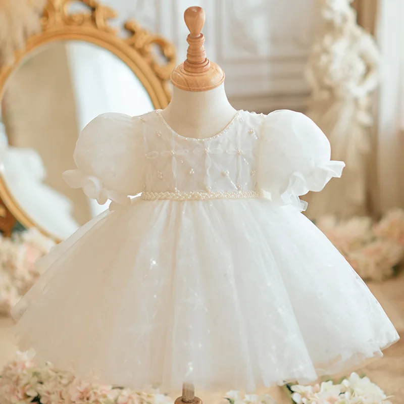 Fashion Baby Girl Princess Bling Pearl Sequin Dress Infant Toddler Child Bow Short sleeve Party Pageant Birthday Ball Gown