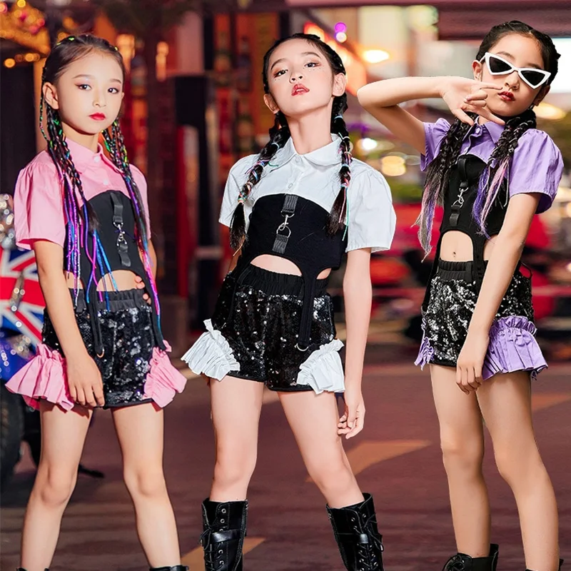 Jazz Dance Glitter Set Trend Girls Fashion Show    Costumes Cool Kids Hip Hop Dance Practice Clothes Street Dance Wear XH03