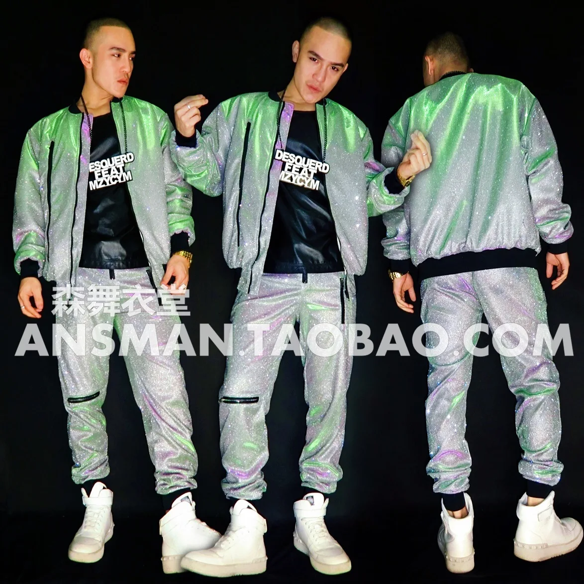 Male Singer DJ Nightclub Gradient Flash Powder Bat Sleeve Hip-Hop Baseball Uniform Costume Men Coat Pants Tracksuit Jogging Set