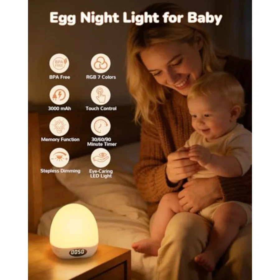 Egg Night Light for Nursery, Portable Rechargeable Baby Nightlight with Touch Control and RGB Color Changing, Dimmable Breastfe