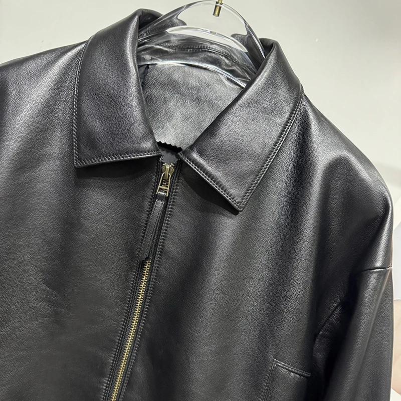 Natural Sheepskin Coat Spring Autumn Women Casual Simple Brown Versatile Lapel Zipper Loose Short Genuine Leather Jacket Casacos