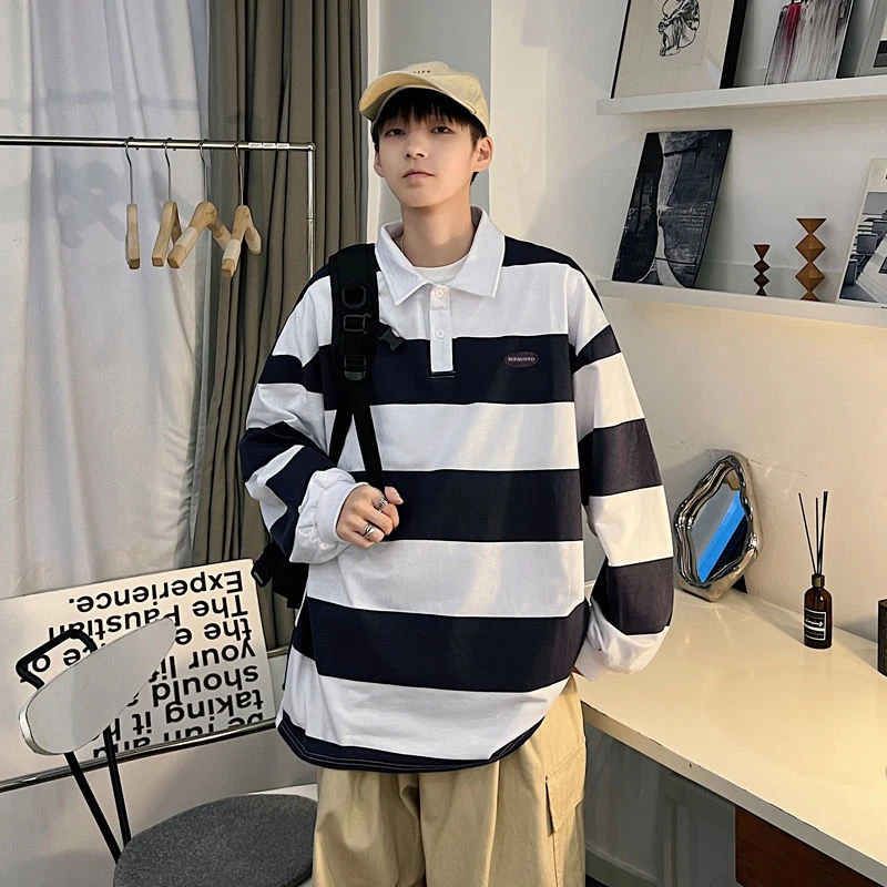 Black White Striped Print O Neck Men Long Sleeve Polo T Shirt Japan Style Fashion Casual Harajuku Oversized Top Tee Hip Hop Punk