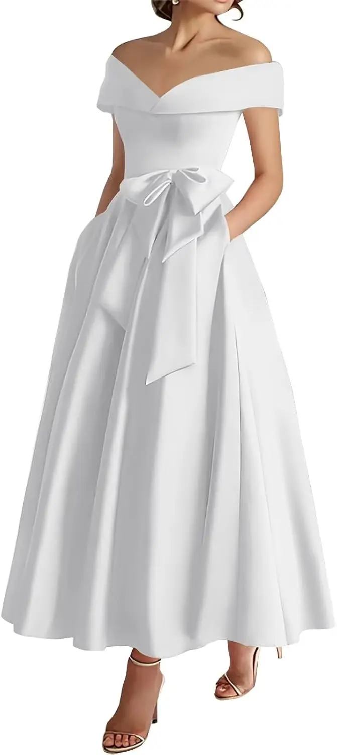 Satijnen moeder van de bruidjurk voor dames off-shoulder theelengte formele bruiloftsgastjurk met strik feestavondjurk