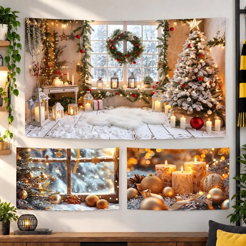 Christmas Candle Bauble Scenery Tapestry Custom Living Bedroom Party Dormitory Interior Wall Bohemian Decoration Attached Clip