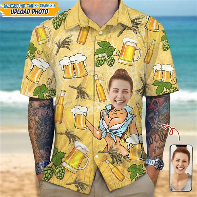 Hawaii Custom Face Picture Design Beer 3D Printed Shirts Funny Birthday Gift DIY Cp Photo Blouses Women Couple Anniversary Tops