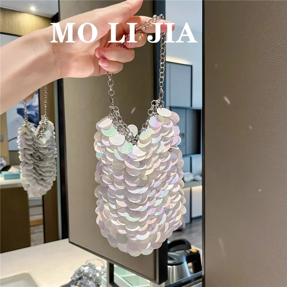Bling Shiny Sequins Woven Handmade Mobile Phone Bag Glitter Women Handbag Dinner Party Banquet Bag Shoulder Crossbody Bag