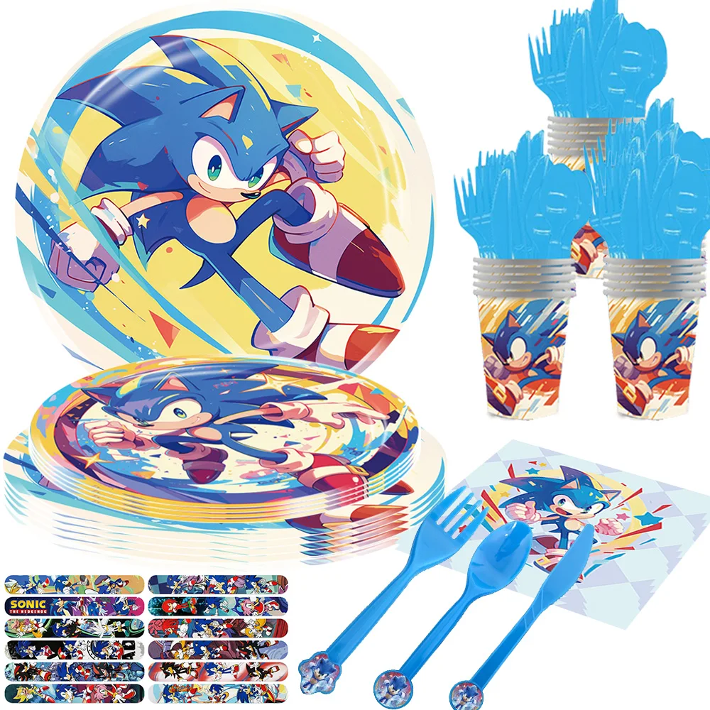 

New Cartoon Sonic Birthday Party Decoration Plate Tablecloth Paper Towels Sticker Gift Bag Keychain Children Baby Shower Supplie