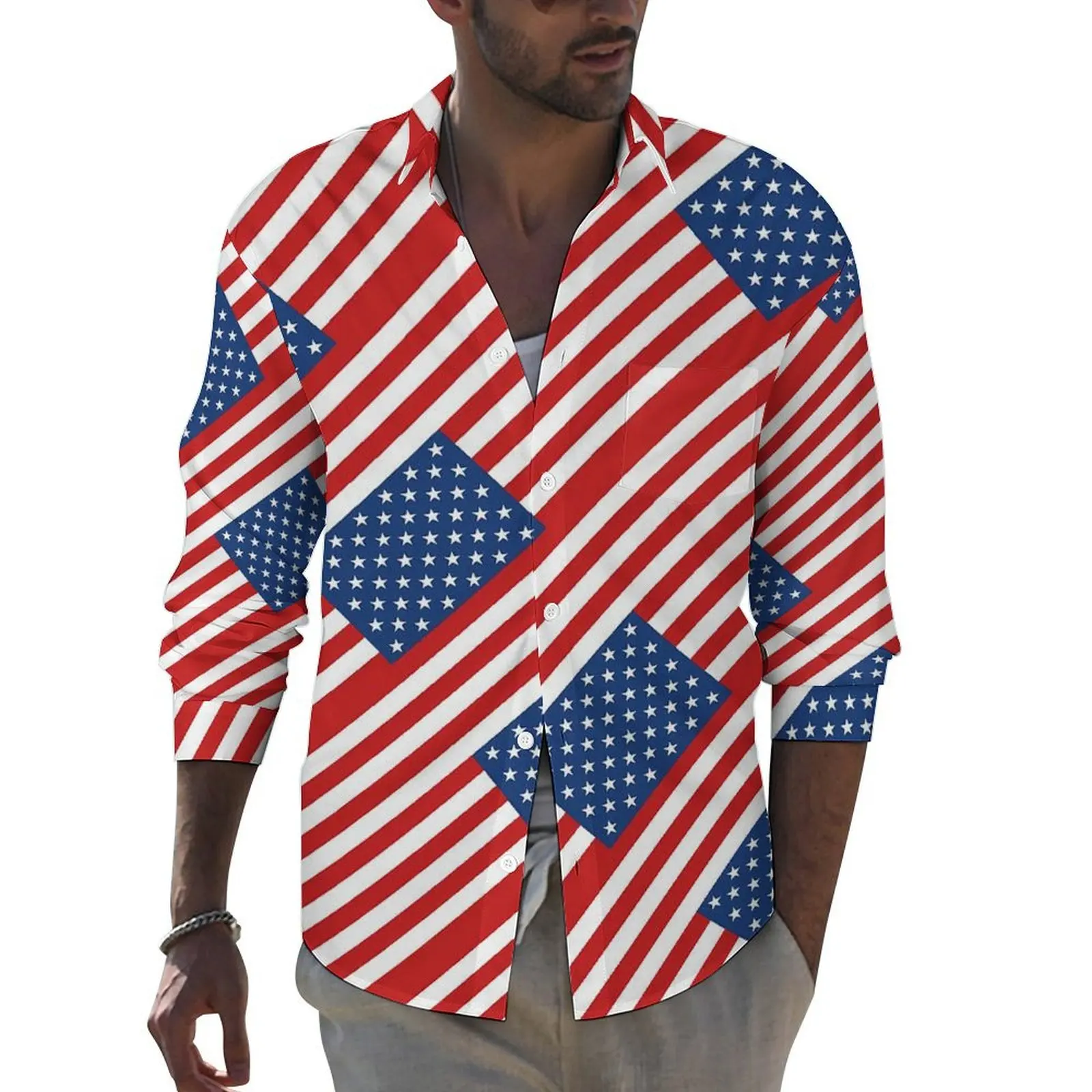 

USA Flag Shirt Men Red Stripe Print Casual Shirts Autumn Harajuku Design Blouses Long Sleeve Trending Oversized Clothes Gift