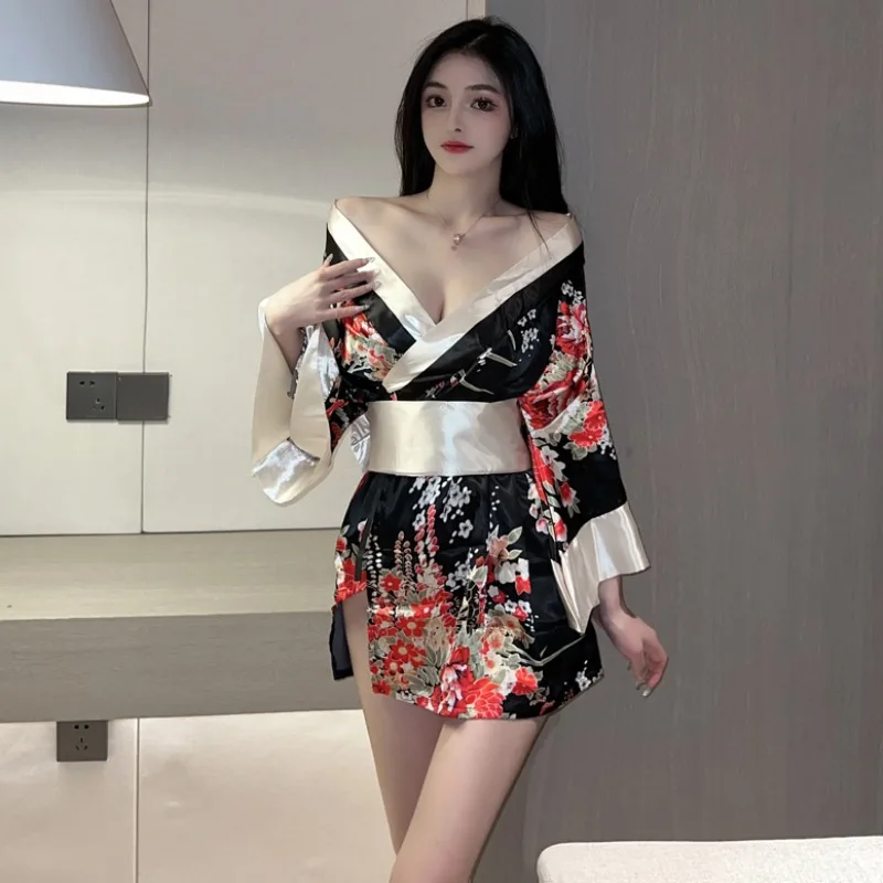 Sexy V Neck  Summer Woman Pajamas Bowknot Japanese Kimono Yukata Bathing Robe Home Sleep Wear Lace Up Night Gown Housewear