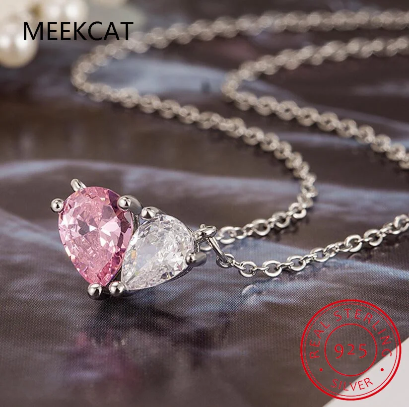 Pear Cut Created Pink Sapphire 925 Sterling Silver Jewelry Sets Heart Necklace+Earring joyas de plata For Women Party Gift