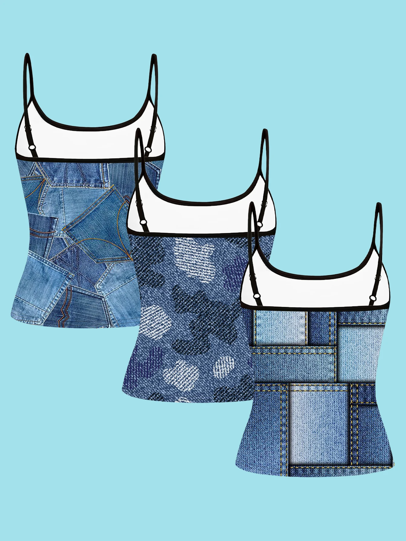 3-Pack Faux Denim Patchwork Heart Print Thin Camisole, Denim Pattern Square Patchwork Slim Fit Sleeveless Top, Y2K American Casual Inner and Outer Wear Base Shirt