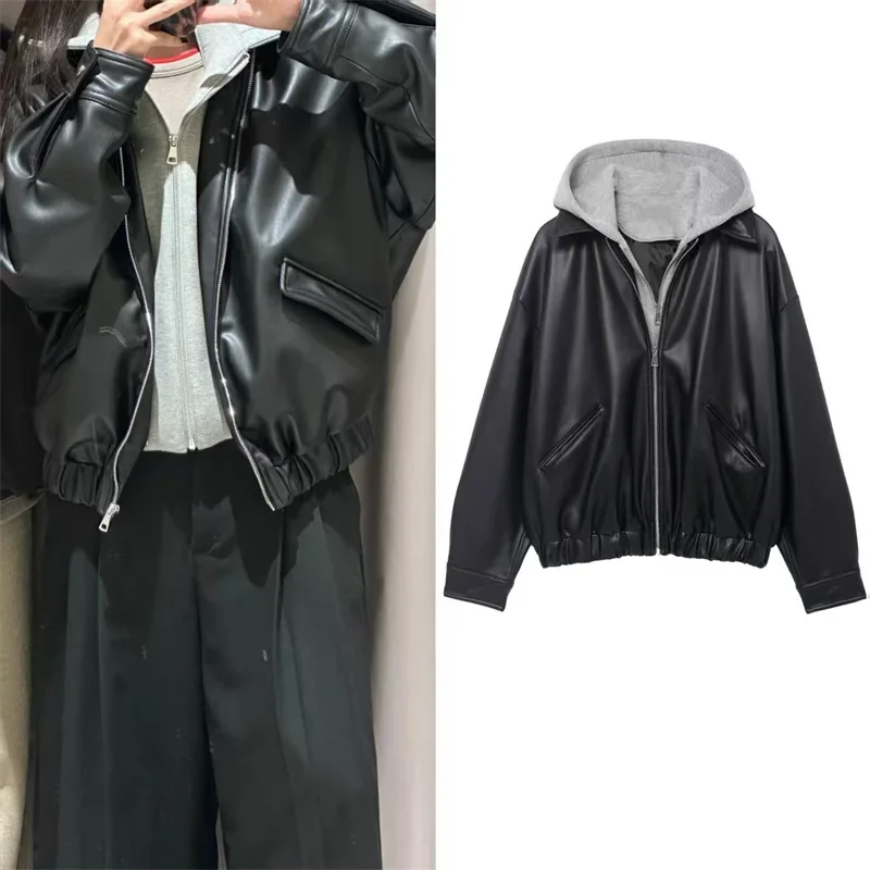 

Women Splicing Leather Effect Jacket Wearing a Hoodie And With Long Sleeves Casual Pocket Fashion Winter Female Jackets Tops