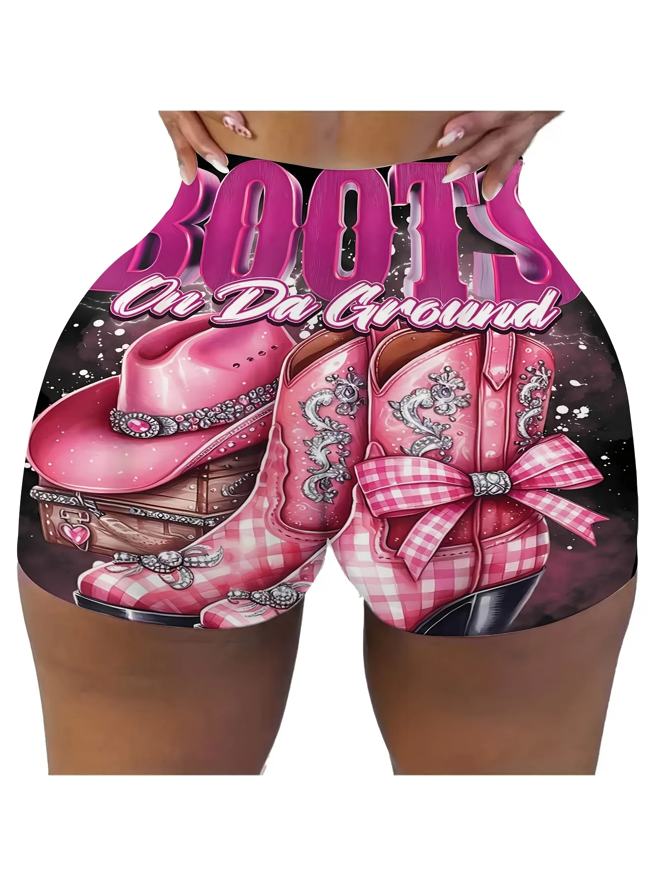 Cowgirl Boot Print Shorts - Boots On Da Ground Graphic with Pink Cowboy Hat Plaid Boots Western Style Summer Shorts for Yoga