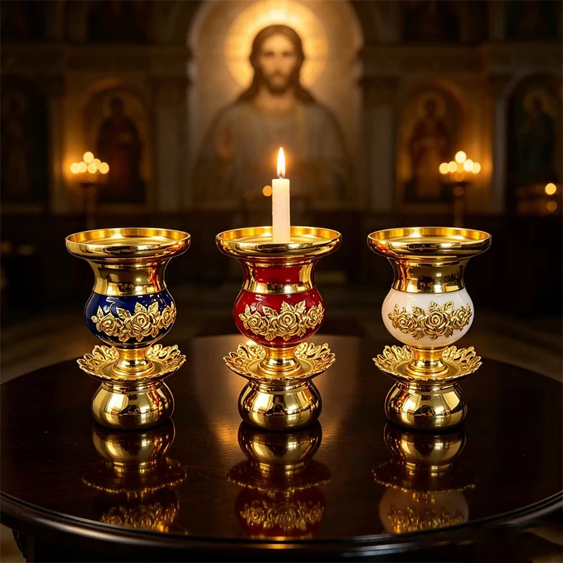 Luxury Byzantine Orthodox Gold Plated Vase Candlestick White Blue Red Floral Ceramic Church Altar Candle Holder Religious Gift