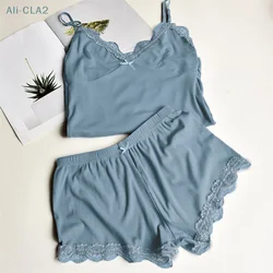 Pajamas Set Women V-neck Sleepwear Sling Lace Tops And Shorts Two-piece Suit