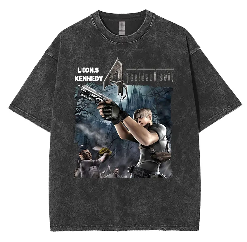 

Винтажные потертые футболки с рисунком Леона С Кеннеди Resident Evil 4, футболка с короткими рукавами для косплея Y2k, мужская и женская готическая одежда, футболка