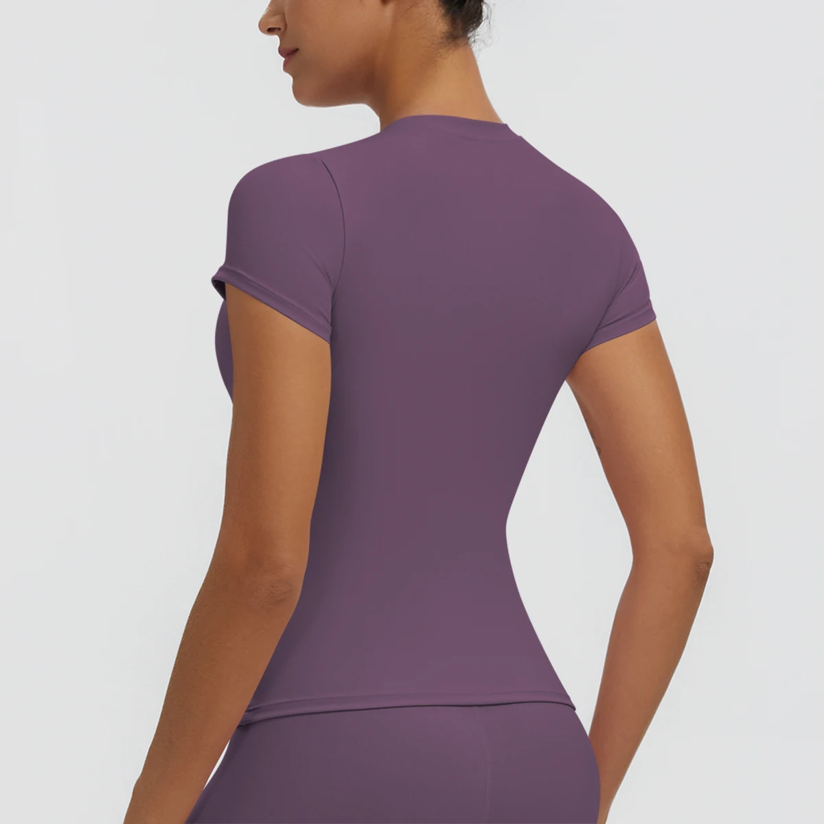 Hochelastisches, schnelltrocknendes, einfarbiges Yoga-Kurzarm-T-Shirt für Damen, Workout-Oberteil, schmal geschnittenes, lässiges Sport-, Lauf-, Fitness- und Yoga-T-Shirt. – Detail 27