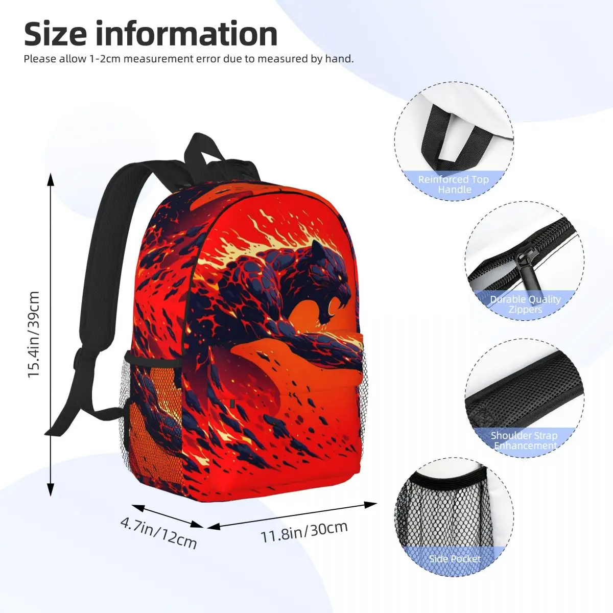 Black Panther Leopard Walking From Flame Backpack Daypack Large Capacity BookBag Shoulder Bags for Men Women Kids School Bag