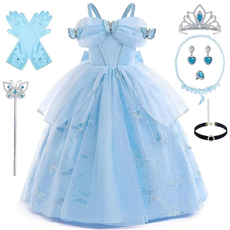 Girls Party Dresses Cinderella Girls Blue Cosplay Costume Sequins Butterfly Princess Dress With Accessories Kids Carnival Dress