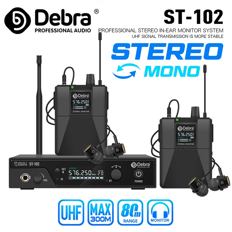 

Debra ST-102 Stereo Professional Wireless In-Ear Monitor System with Bluetooth 5.0 UHF for Small Concerts, Drummer Gigs